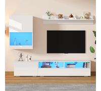 Generisch Ensemble De Meuble TV 175 * 39 * 34 Cm Avec LED Et Finition Brillante, Meuble TV, Debout Et Suspendu, En Blanc, Comprenant Un Plateau TV, Une Étagère Debout Et Une Étagère Murale.
