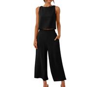 Generisch Ensemble de pantalon uni pour femme en coton et lin avec gilet sans manches, coupe large, pantalon à double poches pour une élégance décontractée, Noir , XL