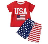 Generisch Ensemble de pantalons à manches courtes tendance pour garçon comme tenue décontractée pour la journée de l'indépendance pour un usage quotidien, rouge, 8-9 ans