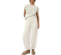 Generisch Ensemble de pantalons en tricot élégants pour femme - Couleur unie - Pull à manches courtes tendance avec pantalon assorti - Mode décontractée confortable, Blanc., XXL
