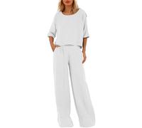 Generisch Ensemble de pantalons tendance et décontractés pour femme avec manches trois-quarts, largeur de jambe large pour une élégance élégante, Blanc., 5XL