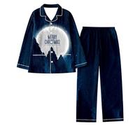 Generisch Ensemble de peignoir de bain pour femme avec imprimé de Noël et de vacances de Père Noël décontracté et flocons de neige à manches longues, Marine, L