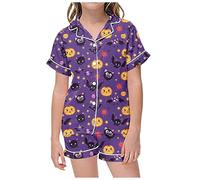 Generisch Ensemble de pyjama 2 pièces pour enfant avec imprimé graphique à manches courtes, chemise et short pour femme, Violet foncé., 6-7 ans