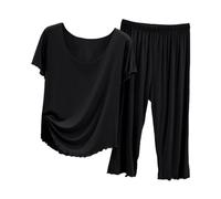 Generisch Ensemble de pyjama 2025 pour femme, haut d'été à manches courtes avec pantalon capri, vêtements d'intérieur légers et décontractés pour femme, peignoir court et léger, Noir , M