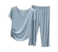 Generisch Ensemble de pyjama 2025 pour femme, haut d'été à manches courtes avec pantalon capri, vêtements d'intérieur légers et décontractés pour femme, peignoir court et léger, bleu clair, M