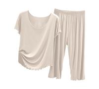 Generisch Ensemble de pyjama 2025 pour femme, haut d'été à manches courtes avec pantalon capri, vêtements d'intérieur légers et décontractés pour femme, peignoir court et léger, beige, XXL