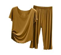 Generisch Ensemble de pyjama 2025 pour femme, haut d'été à manches courtes avec pantalon capri, vêtements d'intérieur légers et décontractés pour femme, peignoir court et léger, or, M