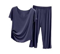 Generisch Ensemble de pyjama 2025 pour femme, haut d'été à manches courtes avec pantalon capri, vêtements d'intérieur légers et décontractés pour femme, peignoir court et léger, Marine, L