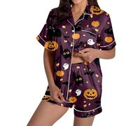 Generisch Ensemble de pyjama à manches courtes pour femme avec motif d'Halloween - Vêtement de nuit doux comme vêtement d'intérieur confortable pour des heures de détente, Violet foncé., XL