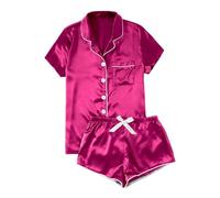 Generisch Ensemble de pyjama décontracté en satin de soie à manches courtes et boutonnière pour femme, Rose, 3XL