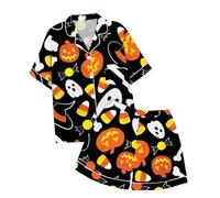 Generisch Ensemble de pyjama décontracté pour enfants avec imprimé d'Halloween et col boutonné, manches courtes, haut et short, robe de chambre pour enfants duveteux, Rose clair, 8-9 ans
