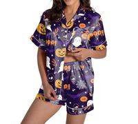 Generisch Ensemble de pyjama d'Halloween avec chat noir en flanelle 2 pièces à manches longues pour femme en satin, Pyjama B6 violet, M