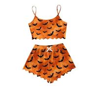Generisch Ensemble de pyjama d'hiver pour femme, vêtements d'intérieur décontractés, imprimé Halloween, vêtements de tous les jours confortables pyjama femmes poignets, Orange, L