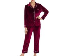 Generisch Ensemble de pyjama doux pour femme en deux pièces en velours coréen avec broderie en dentelle comme tenue de maison confortable pour des soirées agréables, Bordeaux, 4XL
