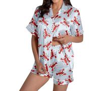 Generisch Ensemble de pyjama en satin à manches courtes avec motif crabe pour femme pour se détendre à la maison. Vêtement de nuit confortable. Tissu doux et respirant, bleu clair, S