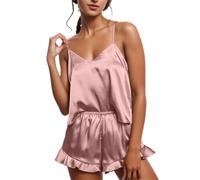 Generisch Ensemble de pyjama en satin de soie à volants pour femme - Ensemble short - Vêtements de nuit - Pyjama en satin - Ensemble short - Vêtements de nuit - Ensemble pyjama, Rose, XL