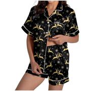 Generisch Ensemble de pyjama en satin de soie pour femme avec imprimé rennes de Noël, manches courtes et boutonnière, or, XXL