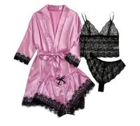 Generisch Ensemble de pyjama en soie pour femme 4 pièces en satin à manches courtes avec fermeture à boutons classique comme vêtement de détente confortable, Rose, M