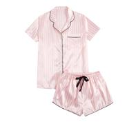 Generisch Ensemble de pyjama pour femme en satin de soie doux avec haut à manches courtes et boutons pratiques pour un sommeil réparateur, Rose clair, S