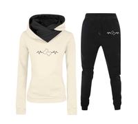 Generisch Ensemble de sport pour femme en polaire douce avec imprimé moderne battement de cœur comme sweat à capuche à manches longues et pantalon assorti pour les loisirs actifs, beige, XXL