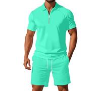 Generisch Ensemble de sport pour homme composé d'un polo et d'un short - Combinaison de loisirs en deux pièces avec col zippé - Tenue d'été pour le sport et la vie quotidienne, Style_y06 Bleu sarcelle
