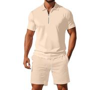 Generisch Ensemble de sport pour homme composé d'un polo et d'un short - Combinaison de loisirs en deux pièces avec col zippé - Tenue d'été pour le sport et la vie quotidienne, Style_y04 kaki, L