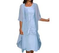 Generisch Ensemble de tenues brodées décontractées pour femme avec écharpe en mousseline de soie, cardigan, élégante robe deux pièces avec col rond et manches mi-longues, bleu, 4XL