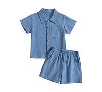 Generisch Ensemble de tenues et ensemble pour bébé de 1 mois en coton et lin - Col montant - Haut et short d'extérieur - Décontracté - Cadeau pour bébé, bleu foncé, 18-24 mois