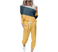 Generisch Ensemble de tenues pour femme à manches longues, col rond dans un design moderne en patchwork de blocs de couleurs comme haut élégant avec pantalon long, jaune, XXL