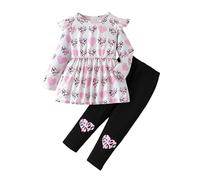 Generisch Ensemble de tenues pour fille, haut à manches longues et pantalon, motif léopard, motif cœur, vêtements de jeu décontractés, vêtements confortables pour tout-petits, rouge, 6-7 ans