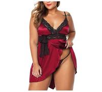 Generisch Ensemble de vêtements de nuit en satin grande taille pour femme, lingerie, chemise de nuit avec bretelles réglables, robe d'intérieur pour femme, rouge, 4XL