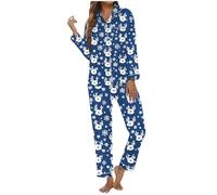 Generisch Ensemble de vêtements de nuit pour femme avec motif de Noël avec poche boutonnée imprimée, manches longues pour des nuits élégantes, bleu, S