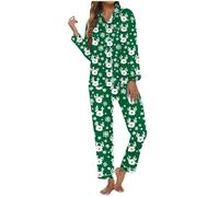 Generisch Ensemble de vêtements de nuit pour femme avec motif de Noël avec poche boutonnée imprimée, manches longues pour des nuits élégantes, vert, XL