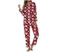 Generisch Ensemble de vêtements de nuit pour femme avec motif de Noël avec poche boutonnée imprimée, manches longues pour des nuits élégantes, rouge, S