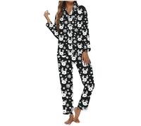 Generisch Ensemble de vêtements de nuit pour femme avec motif de Noël avec poche boutonnée imprimée, manches longues pour des nuits élégantes, Noir , L