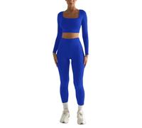Generisch Ensemble de yoga pour femme Vêtements Noir Décontracté Couleur unie Manches longues Col carré Deux pièces Mince Yoga Pantalon de Sport Combinaison Yoga Ensemble Vêtements Femmes, bleu, XXL
