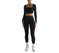 Generisch Ensemble de yoga pour femme Vêtements Noir Décontracté Couleur unie Manches longues Col carré Deux pièces Mince Yoga Pantalon de Sport Combinaison Yoga Ensemble Vêtements Femmes, Noir , L