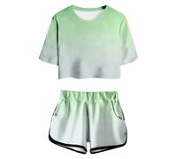Generisch Ensemble d'été avec haut à manches courtes et short pour fille avec imprimé, col rond mignon et poche, tenue décontractée pour adolescents et adolescents, et confortable, Vert clair., 4-5