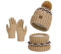 Generisch Ensemble d'hiver 3 pièces pour femme avec bonnet, écharpe et gants - Kit de tricot avec pompon et motif jacquard - Accessoire chaud pour les jours froids, Style_m04 kaki, taille unique