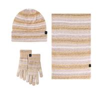 Generisch Ensemble d'hiver confortable pour femme avec doublure en polaire, bonnet, écharpe et gants, motif dégradé de couleur rayé, beige, taille unique