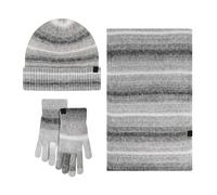 Generisch Ensemble d'hiver confortable pour femme avec doublure en polaire, bonnet, écharpe et gants, motif dégradé de couleur rayé, gris, taille unique