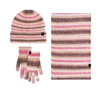 Generisch Ensemble d'hiver confortable pour femme avec doublure en polaire, bonnet, écharpe et gants, motif dégradé de couleur rayé, rouge, taille unique