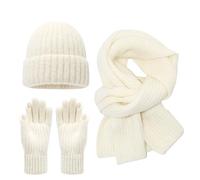 Generisch Ensemble d'hiver unisexe en tricot - Ensemble 3 pièces avec bonnet, écharpe et gants | Accessoires chauds en tricot côtelé pour homme et femme, Stil_j05 Blanc, taille unique