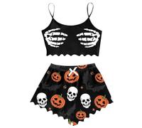 Generisch Ensemble gilet sans manches short pour femmes décoration de la maison décontractée imprimé Halloween vêtements d'intérieur confortables, Orange, XXL