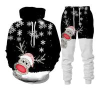 Generisch Ensemble imprimé de Noël pour hommes Sweat à capuche et pantalon de jogging Ensemble pour hommes et femmes Tenue de sport décontractée Automne Hiver Gilet Stabilisateur, Noir , XXL