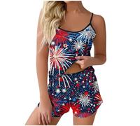 Generisch Ensemble pyjama 2 pièces pour femme avec imprimé du jour de l'indépendance, short camisole, Noir , L
