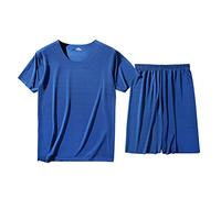 Generisch Ensemble pyjama 2 pièces pour homme - Ensemble court pyjama pour homme - Deux pièces - Col rond - T-shirt 2 pièces et short de sommeil en coton - Combinaison de sport confortable, bleu, L