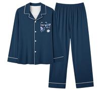 Generisch Ensemble pyjama à manches longues pour femme avec col en V - Doux et confortable - Deux pièces comme vêtement de nuit - Vêtement de détente pour les saisons plus fraîches, bleu, S