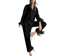 Generisch Ensemble pyjama à manches longues pour femme avec pantalon long en coton mélangé doux pour un sommeil réparateur et une détente confortable à la maison, Noir , L