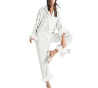 Generisch Ensemble pyjama à manches longues pour femme avec pantalon long en coton mélangé doux pour un sommeil réparateur et une détente confortable à la maison, Blanc., XL